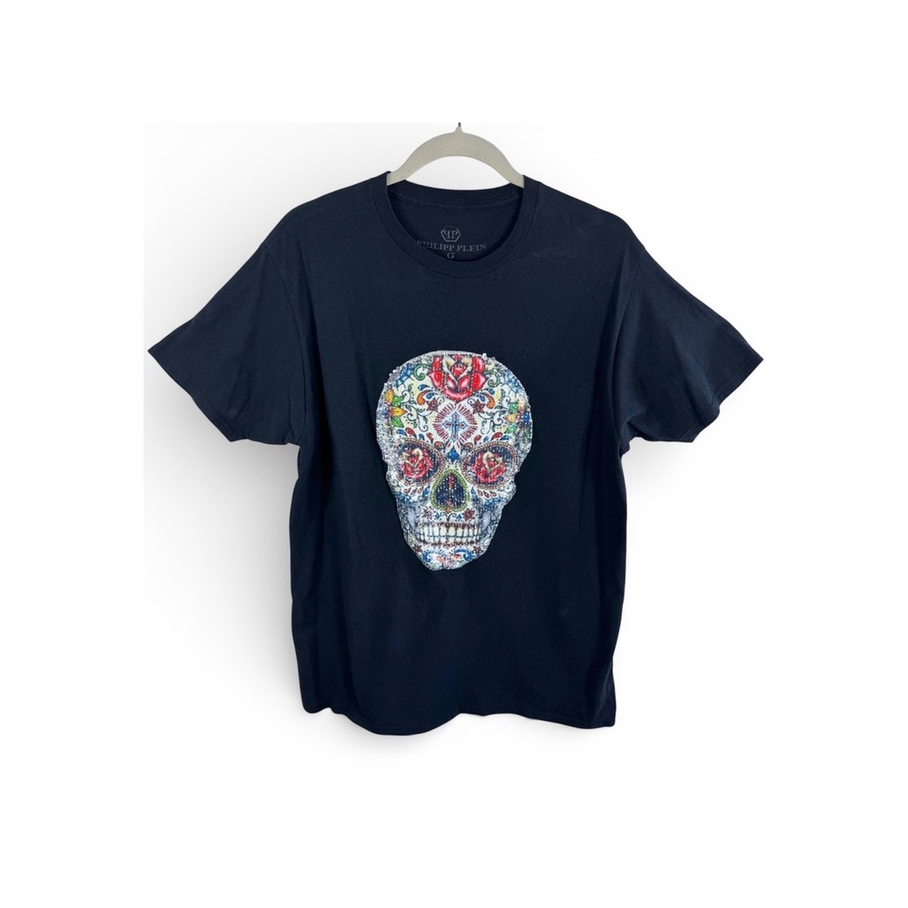 Philippโ Plein Mens Black Sequin Sugar Skull Graphic T-Shirt Size Large Luxury
